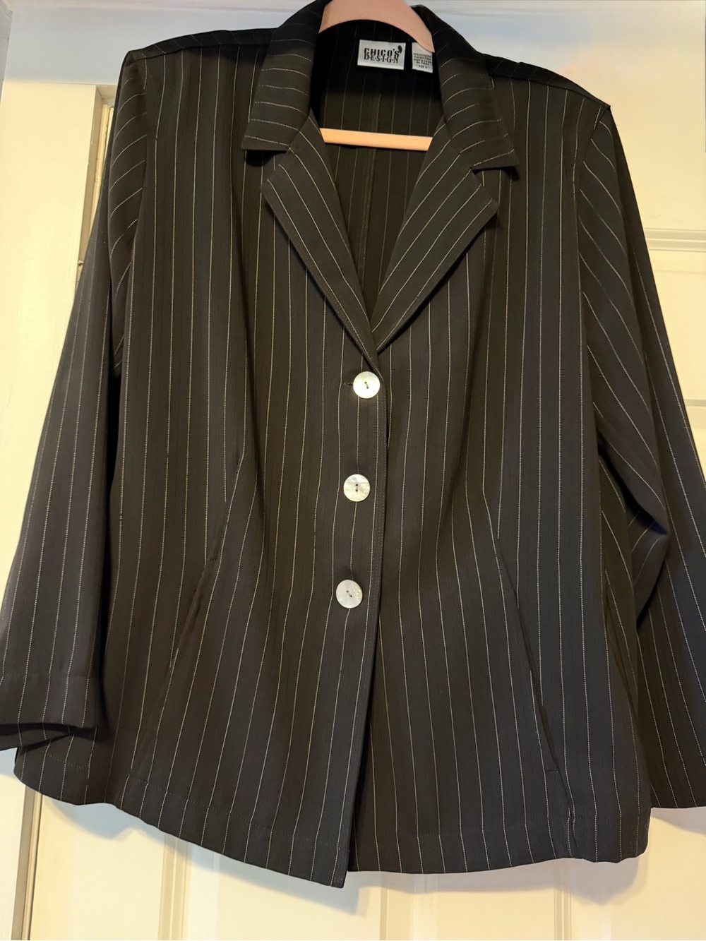 Chico's Black Pinstripe Blazer with White Stripes